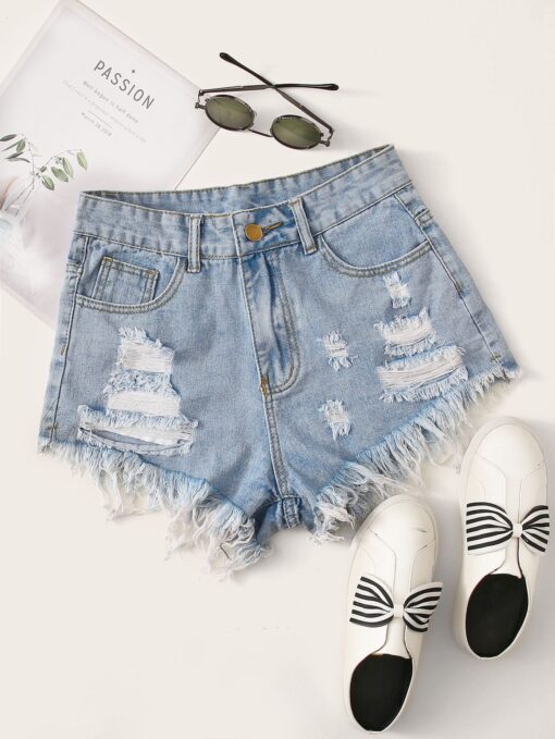 SHEIN EZwear Raw Hem Ripped Denim Shorts
