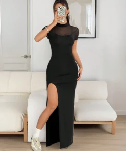SHEIN EZwear Women Casual Short Sleeve Mesh Sheer Split Hem Black Dress