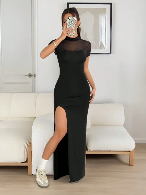 SHEIN EZwear Women Casual Short Sleeve Mesh Sheer Split Hem Black Dress