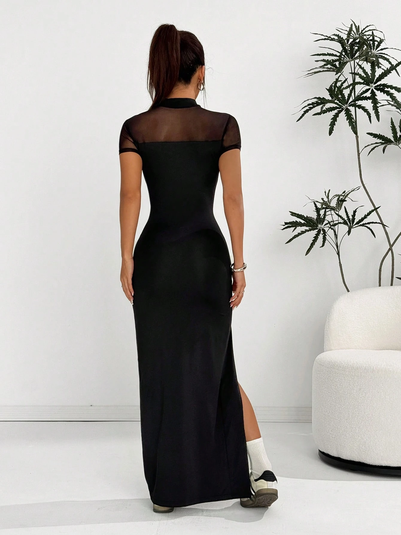 SHEIN EZwear Women Casual Short Sleeve Mesh Sheer Split Hem Black Dress - Image 2