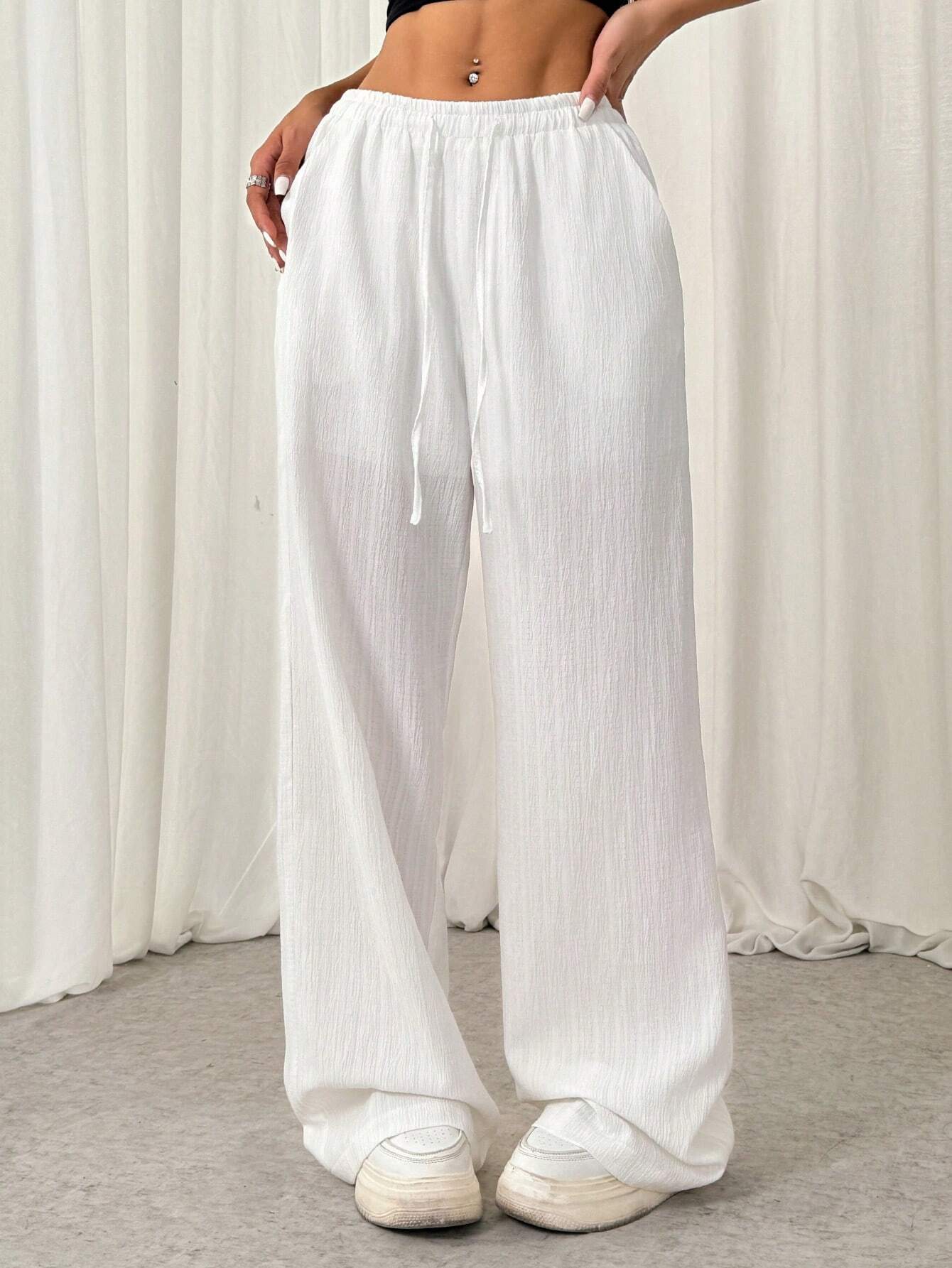 SHEIN EZwear Women's Solid Color Front Tie Pleated Casual Pants