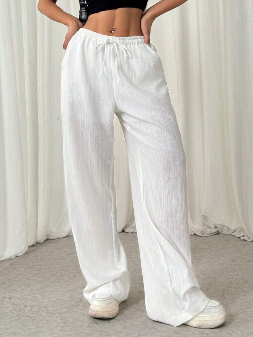 SHEIN EZwear Women's Solid Color Front Tie Pleated Casual Pants - Image 3