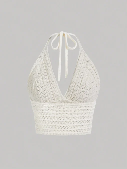 SHEIN MOD Solid Color V-Neck Halter Knit Top For Music Festival - Image 3