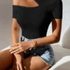 SHEIN PETITE Asymmetrical Neck Rib Knit Tee