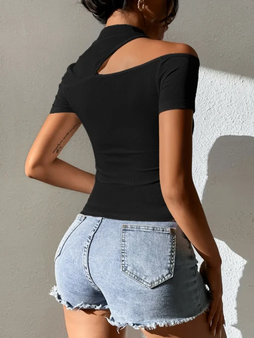 SHEIN PETITE Asymmetrical Neck Rib Knit Tee - Image 2