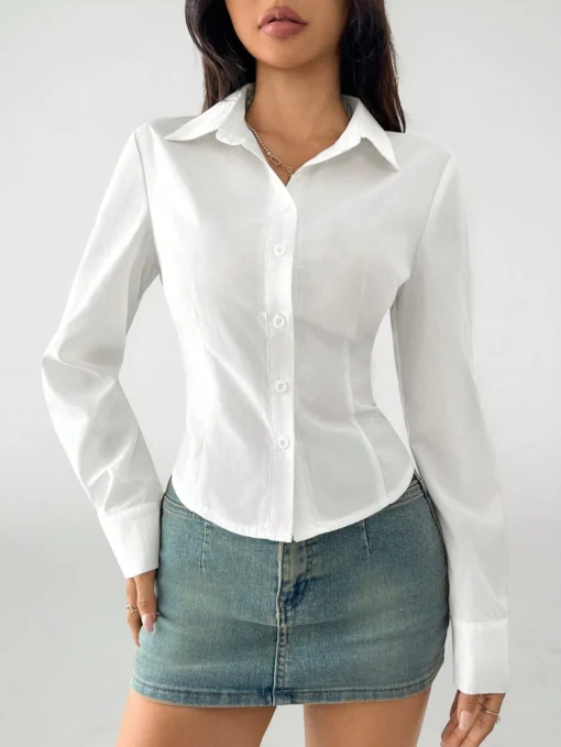 SHEIN PETITE Basic Casual Long Sleeve Shirt