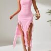 SHEIN PETITE Ruched Split Thigh Ruffle Trim Tube Summer Pink Dress