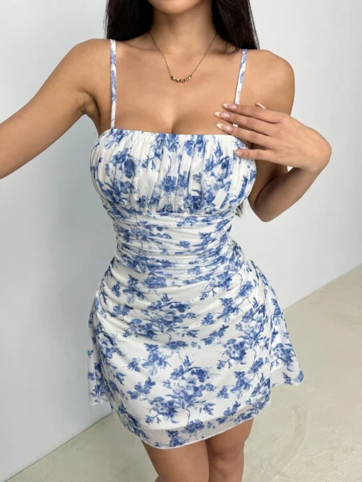 SHEIN PETITE Women's Blue & White Floral Mesh Halterneck Summer Vacation Dress - Image 3