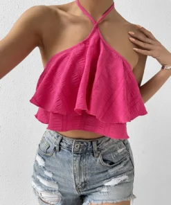 SHEIN Privé Spring Break Solid Ruffle Trim Tie Backless Halter Top