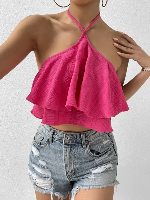 SHEIN Privé Spring Break Solid Ruffle Trim Tie Backless Halter Top