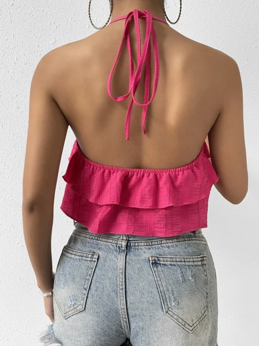 SHEIN Privé Spring Break Solid Ruffle Trim Tie Backless Halter Top - Image 2