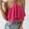 SHEIN Privé Spring Break Solid Ruffle Trim Tie Backless Halter Top