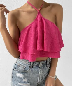 SHEIN Privé Spring Break Solid Ruffle Trim Tie Backless Halter Top