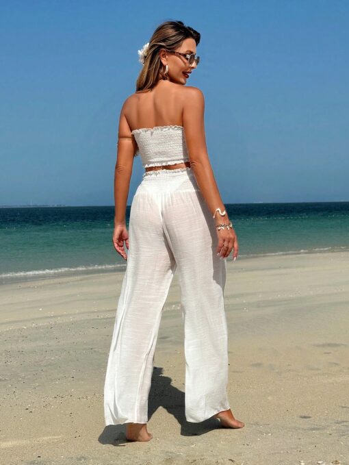SHEIN Swim 2pcs Ruffle Halter Crop Top And Wide Leg Pants Solid Beach - Image 2