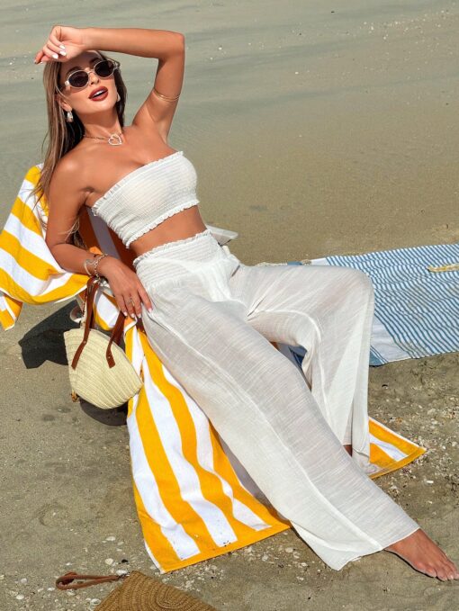 SHEIN Swim 2pcs Ruffle Halter Crop Top And Wide Leg Pants Solid Beach - Image 3