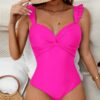 SHEIN Swim Summer Beach Twist Front Ruffle Trim One Piece Swimsuit