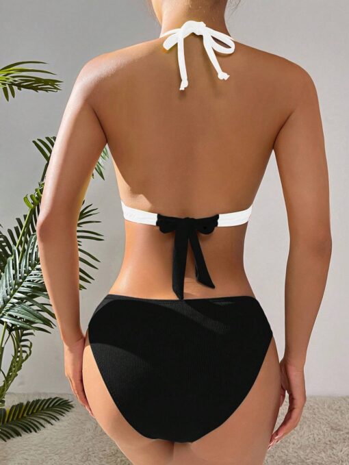 SHEIN Swim Summer Beach Women's Color Block Halter Tie Sexy Bikini Set - Image 2