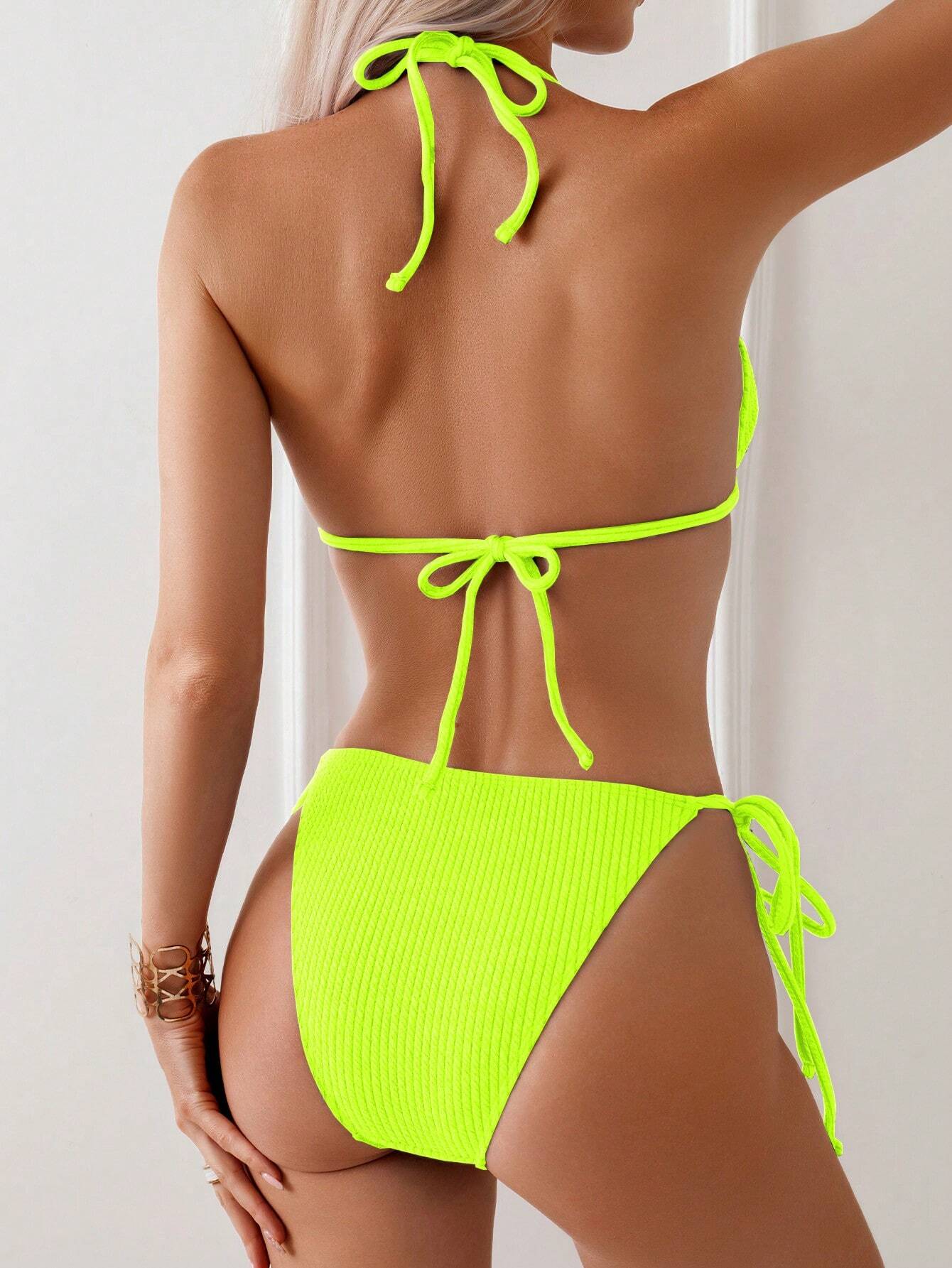 SHEIN Swim Women's Summer Beach Fluorescent Yellow Halter Neck Tie Sexy - Image 2