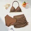 SHEIN Tween Girls Swim 3pcs/Set ,Vcay Shell Brown Bikini Set & Cover Up Skirt , Summer Beach Bathing Suit