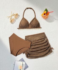 SHEIN Tween Girls Swim 3pcs/Set ,Vcay Shell Brown Bikini Set & Cover Up Skirt , Summer Beach Bathing Suit