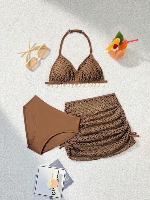 SHEIN Tween Girls Swim 3pcs/Set ,Vcay Shell Brown Bikini Set & Cover Up Skirt , Summer Beach Bathing Suit