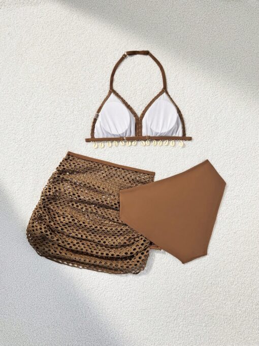 SHEIN Tween Girls Swim 3pcs Set Vcay Shell Brown Bikini Set & Cover Up Skirt - Image 3