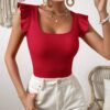 SHEIN VCAY Solid Color Ribbed Knit Cap Sleeve T-Shirt