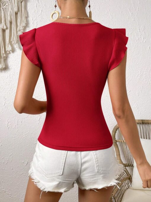 SHEIN VCAY Solid Color Ribbed Knit Cap Sleeve T-Shirt - Image 2