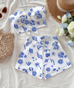 SHEIN Soleia 2pcs/Set Women Vacation Casual All-Over Print Bandeau Top & Shorts