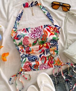 SHEIN Soleia New Vacation Drawstring Neck Design Tank Top