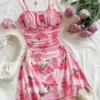 Soleia Rose Floral Mesh Ruched Backless Cami Slip Pink Mini Dress