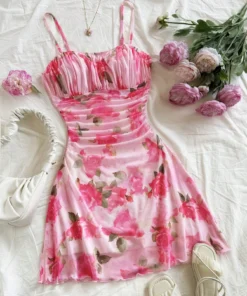 Soleia Rose Floral Mesh Ruched Backless Cami Slip Pink Mini Dress