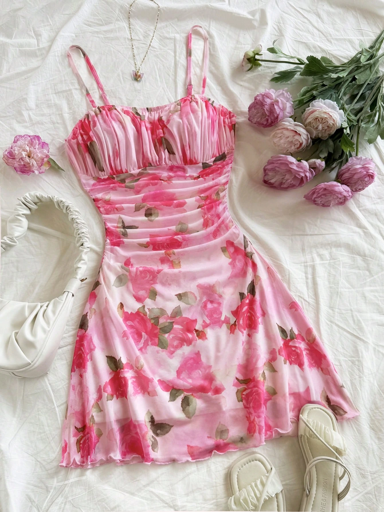 Soleia Rose Floral Mesh Ruched Backless Cami Slip Pink Mini Dress