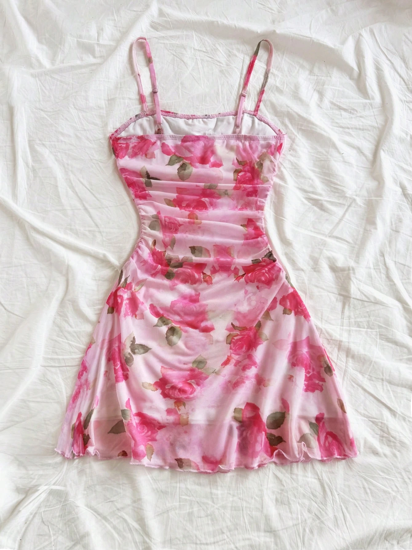 Soleia Rose Floral Mesh Ruched Backless Cami Slip Pink Mini Dress - Image 2