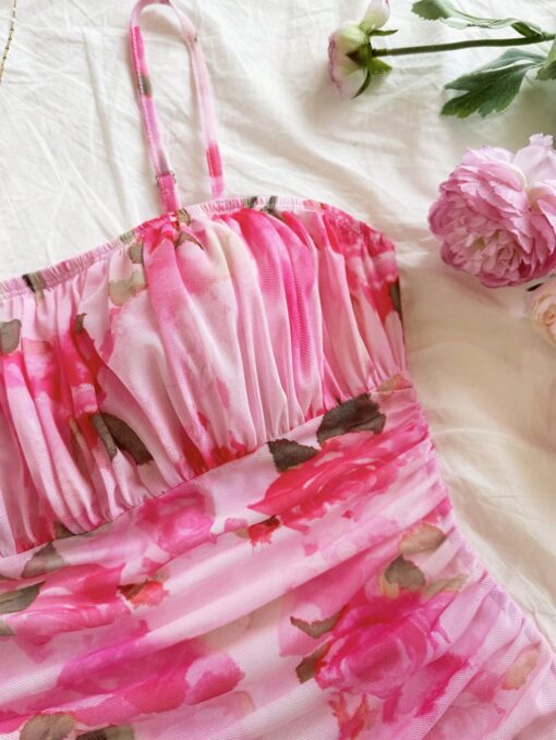 Soleia Rose Floral Mesh Ruched Backless Cami Slip Pink Mini Dress - Image 3