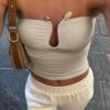SHEIN Summer Solid Color Bustier Top, Ruffled Back Cutout U-Neck Sexy Design,