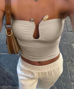 SHEIN Summer Solid Color Bustier Top, Ruffled Back Cutout U-Neck Sexy Design,