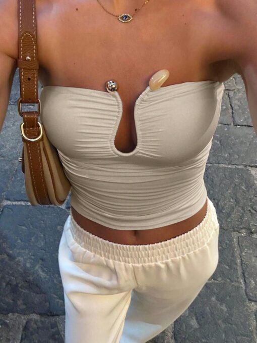 SHEIN Summer Solid Color Bustier Top, Ruffled Back Cutout U-Neck Sexy Design,