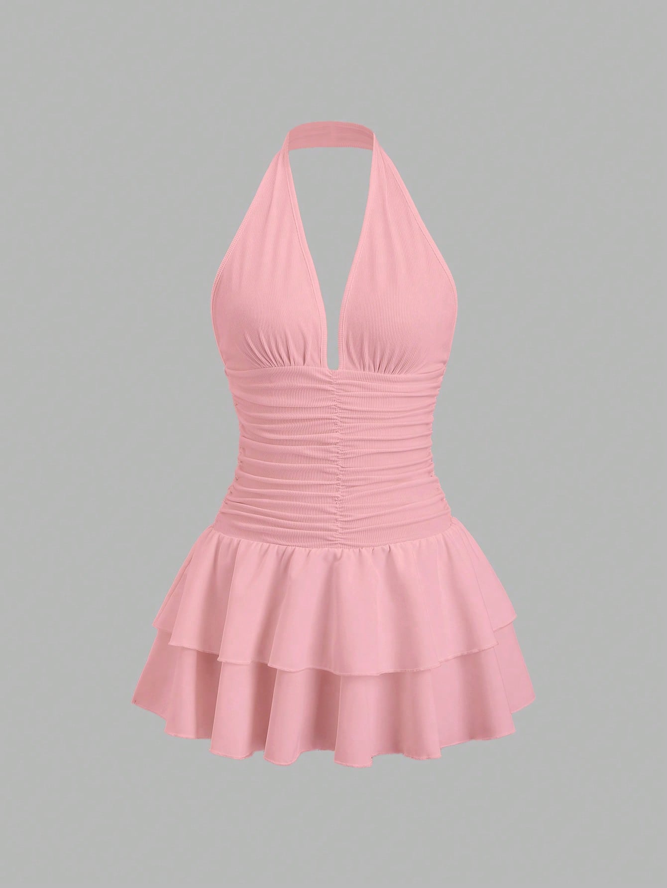 SHEIN Sweetra Black Knit & Woven Patchwork V-Neck Backless Pleated Ruffle Tie Waist Mini Dress