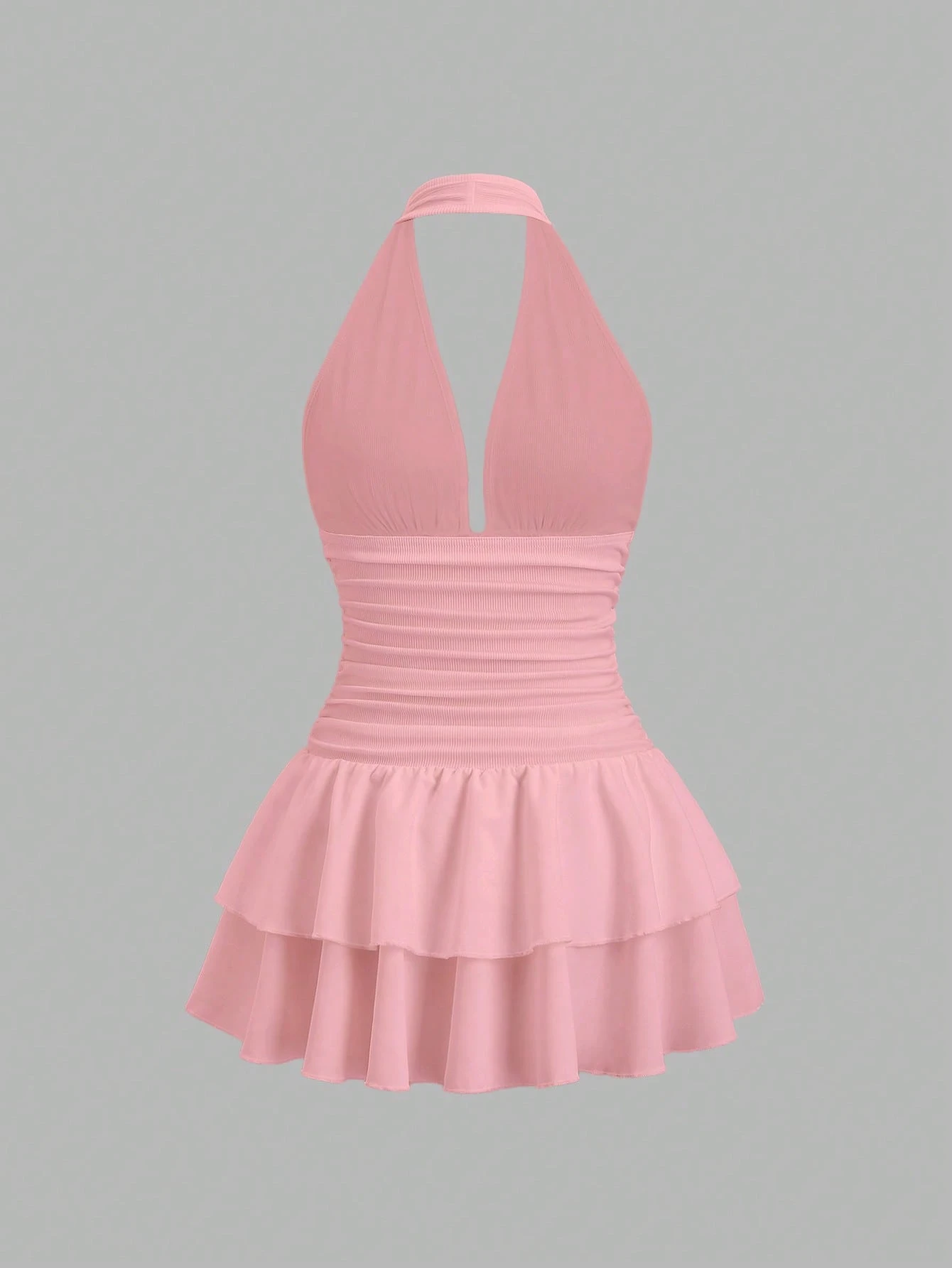 SHEIN Sweetra Black Knit & Woven Patchwork V-Neck Backless Pleated Ruffle Tie Waist Mini Dress - Image 2