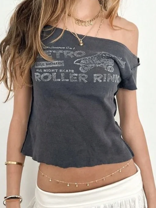 Women's Deep Grey Asymmetric Off Shoulder Short Sleeve Simple Casual T-Shirt