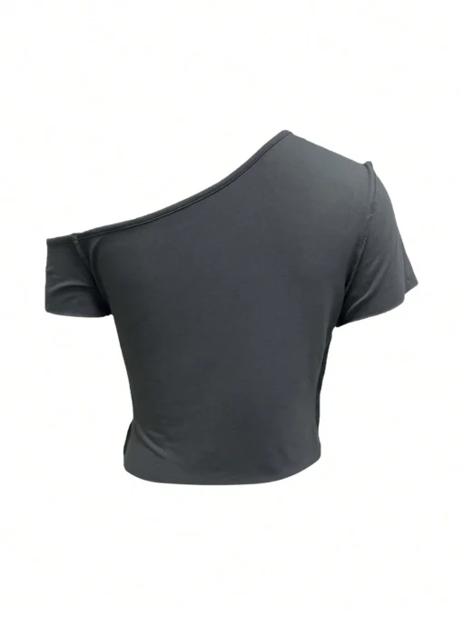 SHEIN Women's Deep Grey Asymmetric Off Shoulder Short Sleeve Simple Casual T-Shirt - Image 2
