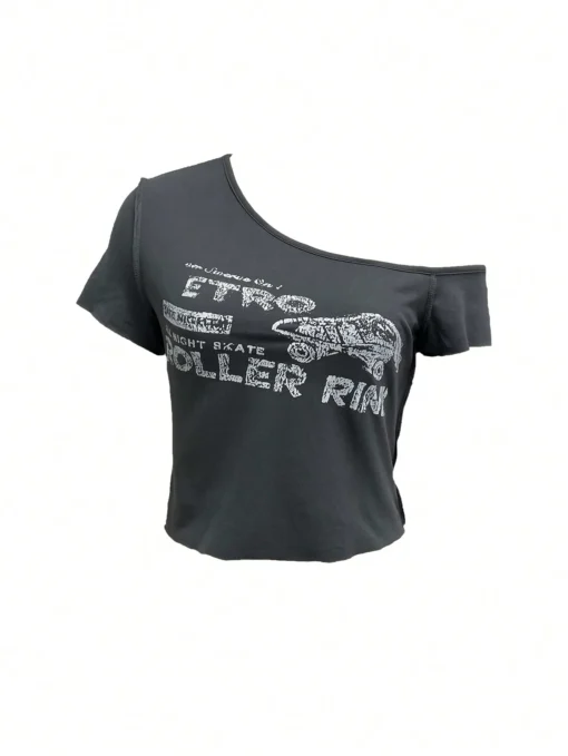 SHEIN Women's Deep Grey Asymmetric Off Shoulder Short Sleeve Simple Casual T-Shirt - Image 3