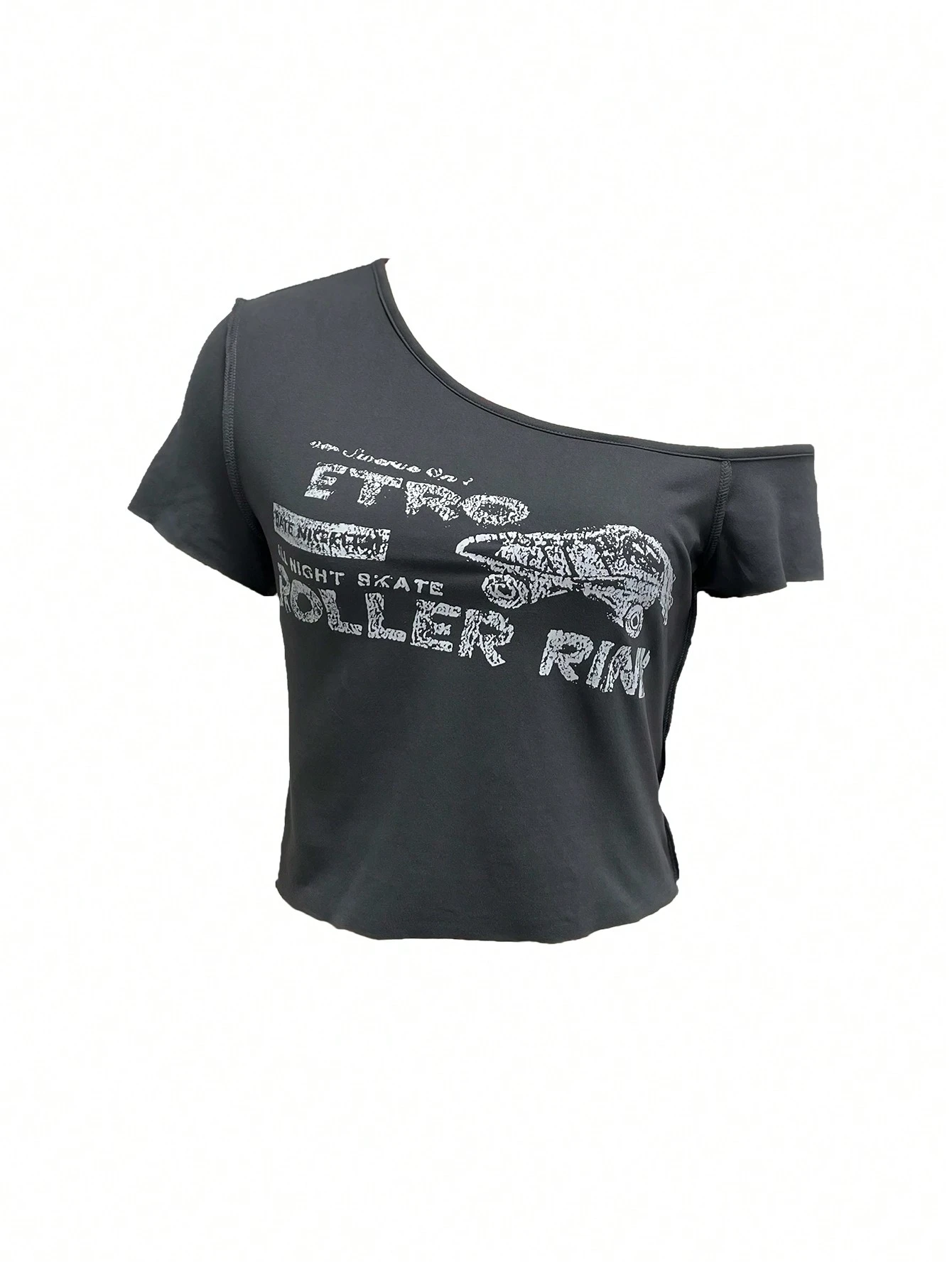 SHEIN Women's Deep Grey Asymmetric Off Shoulder Short Sleeve Simple Casual T-Shirt - Image 3