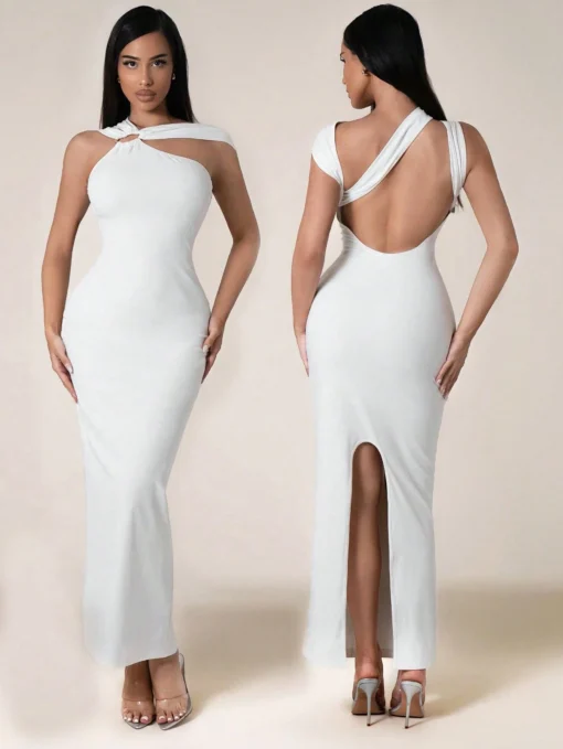 SHEIN Zolique Women's Solid Color Hollow Out Casual Slim Fit Slit Dress