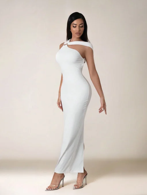 SHEIN Zolique Women's Solid Color Hollow Out Casual Slim Fit Slit Dress - Image 3