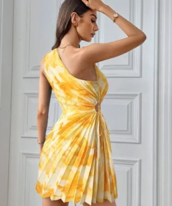shein Privéa Women's Gradient Print Pleated Asymmetric Neck Sleeveless Mini Dress