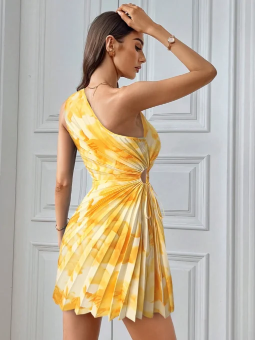 shein Privéa Women's Gradient Print Pleated Asymmetric Neck Sleeveless Mini Dress