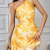 shein Privéa Women's Gradient Print Pleated Asymmetric Neck Sleeveless Mini Dress