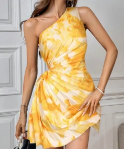 shein Privéa Women's Gradient Print Pleated Asymmetric Neck Sleeveless Mini Dress